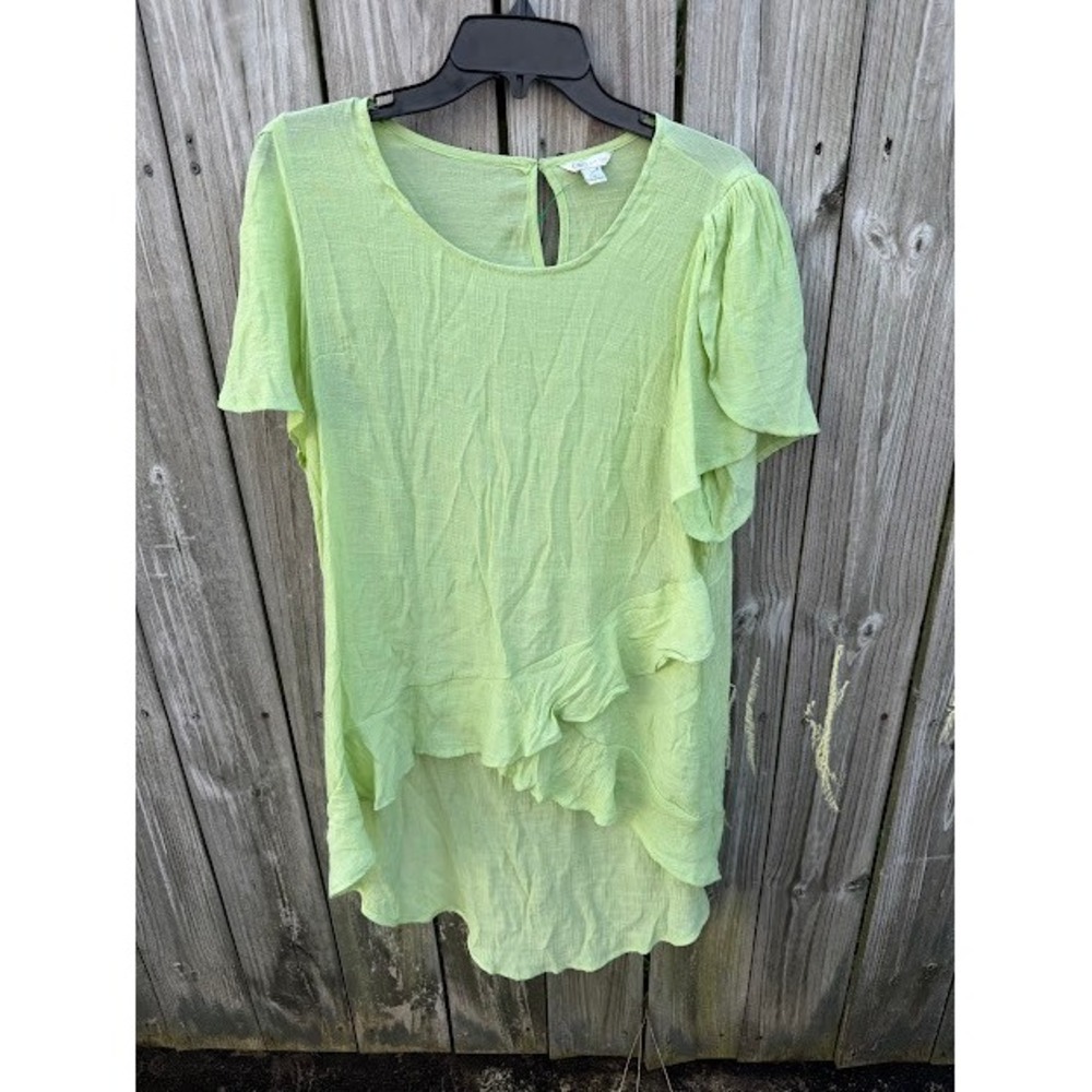 Boho Summer Bright Cato Ruffle High Low Top Large Lime Green Flutter Blouse